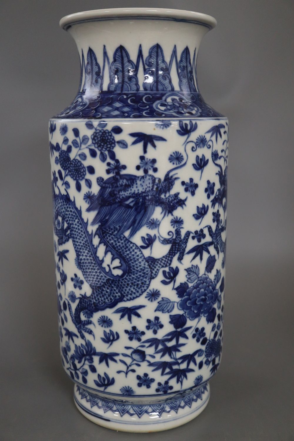 A large Chinese blue and white cylindrical dragon vase, with Kangxi mark, height 37cm